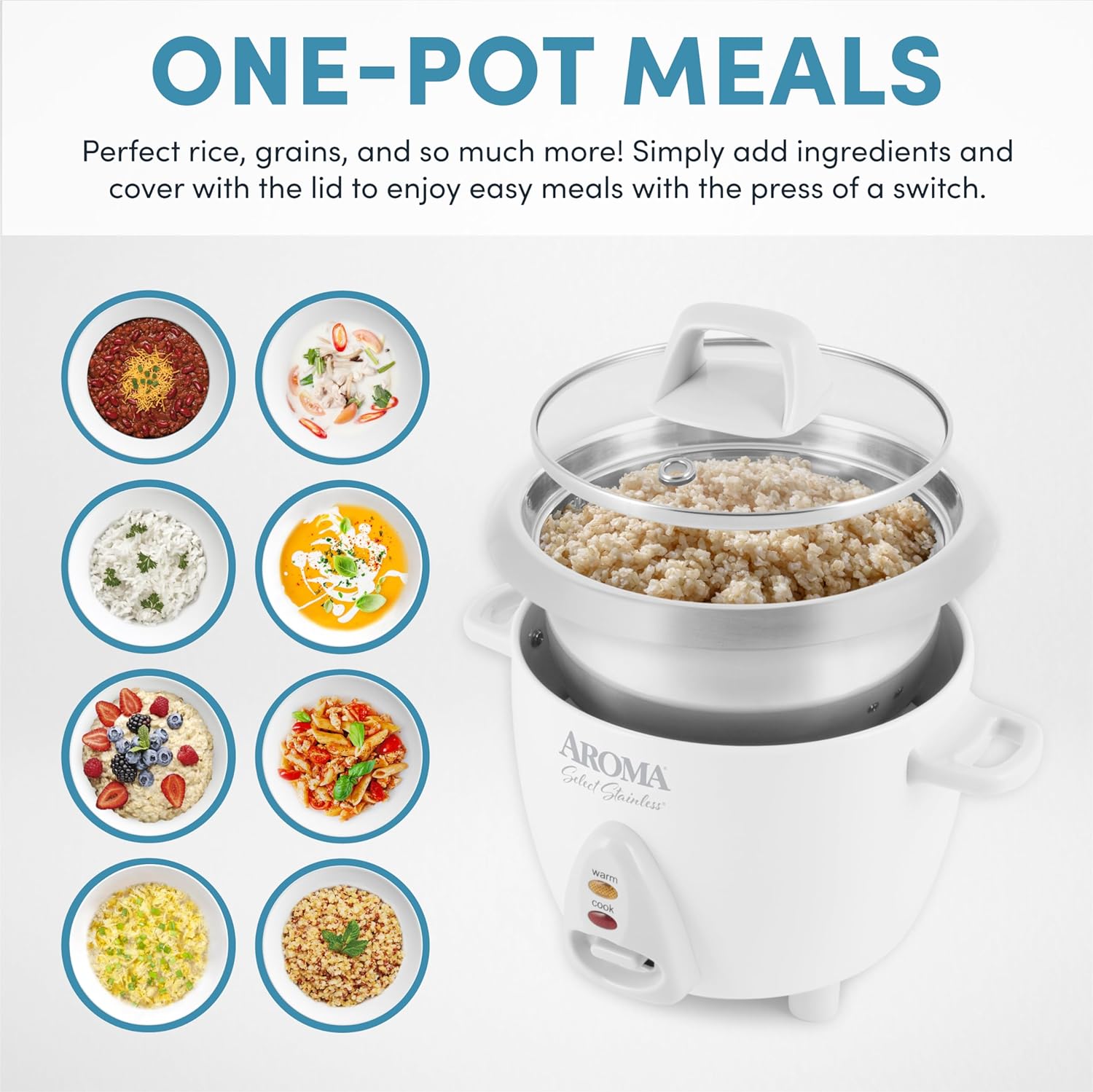 Aroma Housewares Select Stainless Rice Cooker & Warmer with Uncoated Inner Pot, 14-Cup(cooked) / 3Qt, ARC-757SG